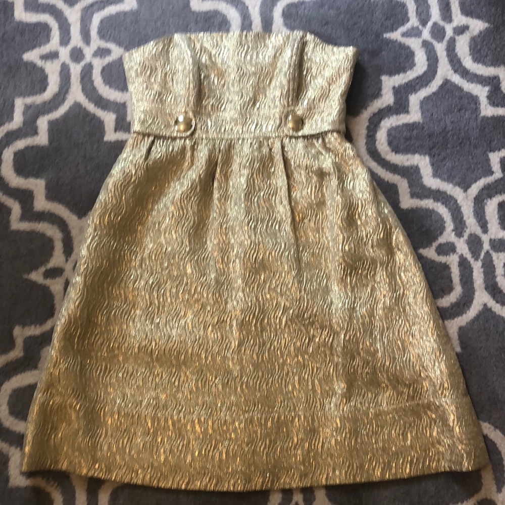 Shoshanna strapless gold shimmering dress